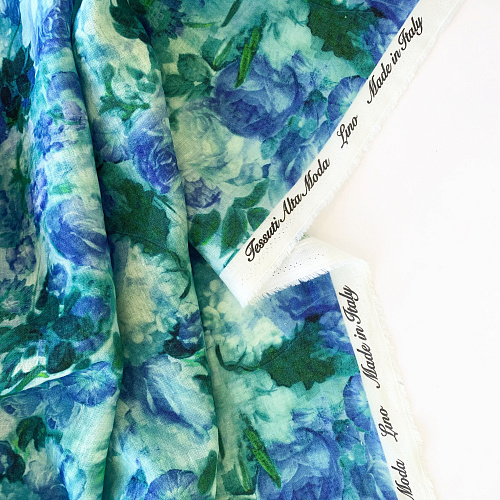 Лен натуральный К36-083 молочно-голубой принтованный